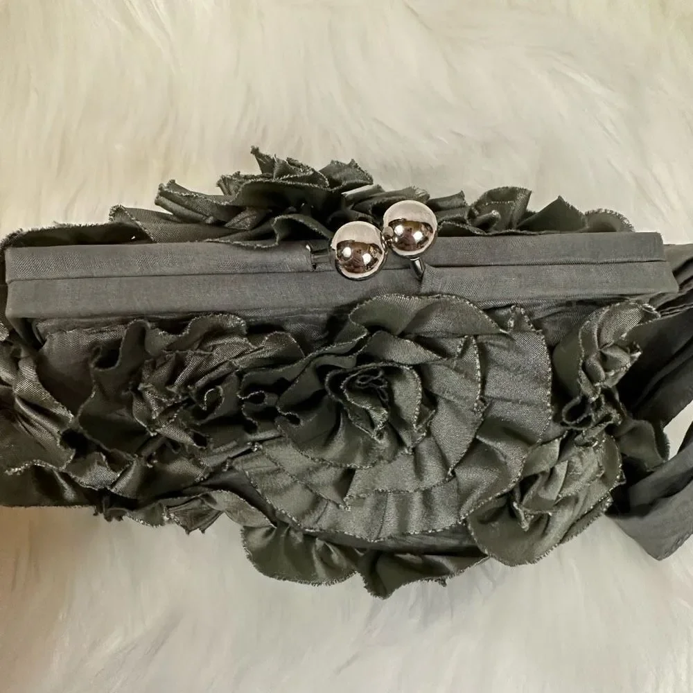Gray Small Wristlet Evening Bag Purse Flowers Floral for Prom Formal Occasion